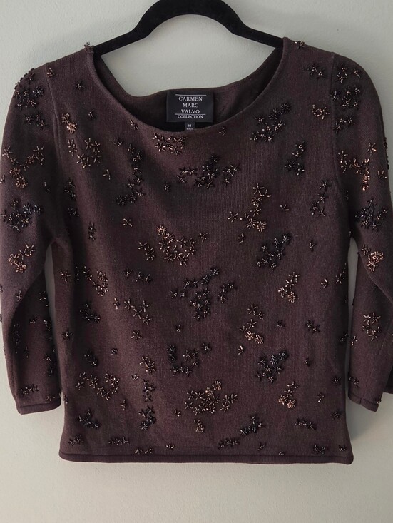 Carmen Marc Valvo Tops - Carmen Marc Valvo Beaded Knit Sweater Top Espresso Brown Shimmer Size M Medium